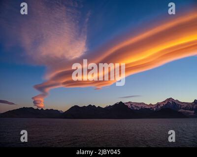 Lenticular cloud in Jason Harbor, South Georgia Stock Photo