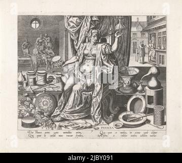 The Roman goddess of medicine Panacea as personification of medicine: seated woman figure with open round box in right hand, urinal in left hand. Next to her a mortar, a retort, ointment pots and other attributes. On the ground are alum roots and other medicinal herbs. Behind left an anatomy lesson. In the background on the right, a man with a paper (recipe?) comes out of a house. The print has a Latin caption and is part of a series of prints on human activities, Medicine Panacea, Human activities (title series)., print maker: Philips Galle, Frans Floris (I), (possibly), Marten van Cleve (I Stock Photo
