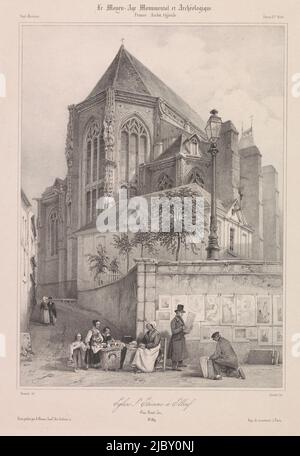 In the foreground a picture dealer who has hung part of his stock against the wall. Beneath numbered: No. 189., View of the Église Saint-Étienne at Elbeuf Eglise St. Etienne à Elbeuf vue Nord-Est., print maker: Louis-Julien Jacottet, (mentioned on object), intermediary draughtsman: Philippe Benoist, (mentioned on object), printer: Joseph Rose Lemercier, (mentioned on object), Paris, 1840 - 1843, paper, h 448 mm × w 305 mm Stock Photo