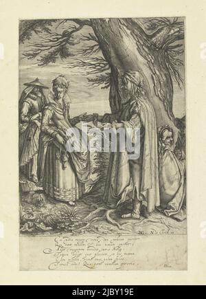 The Roma woman named Nuba stands in front of a thick tree in front of a young elegant lady - she reads her hand and/or takes a coin from her. Behind the young woman a lady with a hat on, next to her a little dog. On the right two sitting Roma, one with a baby in his arms. In the six-line Latin caption the young lady is depicted as a gullible wretch, hearing only the future she would like to hear., The fortuneteller, print maker: Andries Jacobsz. Stock, (possibly), Jacob de Gheyn (II), (mentioned on object), publisher: Hendrick Hondius (I), (mentioned on object), print maker: Netherlands Stock Photo