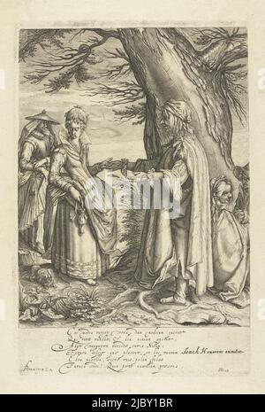The Roma woman named Nuba stands in front of a thick tree in front of a young elegant lady - she reads her hand and/or takes a coin from her. Behind the young woman a lady with a hat on, next to her a little dog. On the right two sitting Roma, one with a baby in his arms. In the six-line Latin caption the young lady is depicted as a gullible wretch, hearing only the future she would like to hear., The fortuneteller, print maker: Andries Jacobsz. Stock, (possibly), Jacob de Gheyn (II), publisher: Isack Houwens, (mentioned on object), Netherlands,  1606 - 1610 and/or after c. 1608, paper Stock Photo
