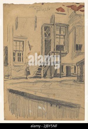 Girl by wooden stairs, quay wall, Willem Witsen, 1870 - 1923, draughtsman: Willem Witsen, 1870 - 1923, paper, h 200 mm × w 139 mm Stock Photo