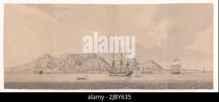 View of the Cape of Good Hope, anonymous, in or after 1654 - c. 1800, From Blue Beach and Table Bay one looks out onto Table Mountain and Lion Mountain. In Table Bay are several ships of the united East India Company with the Dutch tricolor. Van Riebeeck's Fort and the settlement are depicted in the background. This means that the drawing was made at least after 1654, possibly after a 17th or 18th century painting., draughtsman: anonymous, in or after 1654 - c. 1800, paper, pen, brush, pencil, h 347 mm × w 888 mm Stock Photo