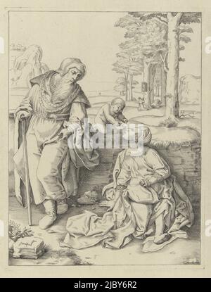 The Holy Family, Hendrick Hondius (I) (possibly), after Lucas van Leyden, 1583 - 1649, Signed copy after print, with plate border printed in. Holy family dressed as pilgrims., draughtsman: Hendrick Hondius (I), (possibly), Lucas van Leyden, (mentioned on object), 1583 - 1649, paper, h 169 mm × w 130 mm Stock Photo