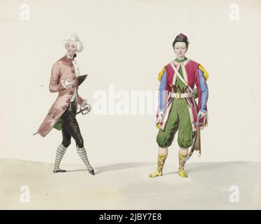 Two men in historical costume, 1841, Huib van Hove Bz, 1841, Two men in historical costume. The man on the left possibly as Mr. Deminière, the French ballet master or court dance master at the royal court, the man on the right as an Oriental warrior with scimitar in hand and three pistols tucked under his belt. Costumes worn at the costume ball held at The Hague on 17 and 19 February 1841 to celebrate the 25th wedding anniversary of King William II and Anna Paulowna. Plates after some of these performances appear in an album about this ball., draughtsman: Huib van Hove Bz, Netherlands, 1841 Stock Photo
