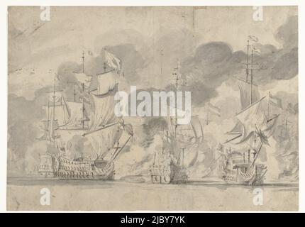 Sea battle for Lowestoft (Lestoffe) between the English under the Duke of York and the Dutch under Wassenaer of Obdam. Detailed performance on six consecutive pages, page 4., Sea Battle of Lowestoft on June 13, 1665., draughtsman: Willem van de Velde (I), Northern Netherlands, 1665, paper, brush, h 332 mm × w 470 mm Stock Photo