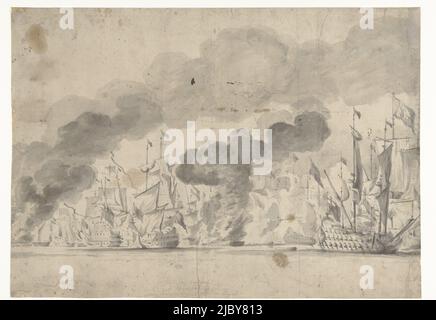 Sea battle for Lowestoft (Lestoffe) between the English under the Duke of York and the Dutch under Wassenaer of Obdam. Detailed performance on six consecutive pages, page 1., Sea Battle of Lowestoft on June 13, 1665., draughtsman: Willem van de Velde (I), Northern Netherlands, 1665, paper, brush, h 332 mm × w 470 mm Stock Photo