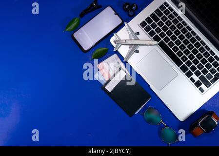 travel concept at the top view with passport , notebook Stock Photo