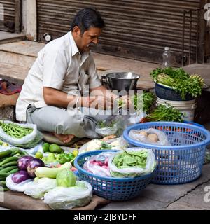 Old Delhi, India – April 15, 2022 - Portrait of shopkeepers or street vendors in Chandni Chowk market of Delhi, Old Delhi Street Photography Stock Photo