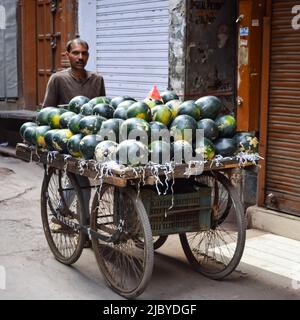 Old Delhi, India – April 15, 2022 - Portrait of shopkeepers or street vendors in Chandni Chowk market of Delhi, Old Delhi Street Photography Stock Photo