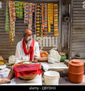 Old Delhi, India – April 15, 2022 - Portrait of shopkeepers or street vendors in Chandni Chowk market of Delhi, Old Delhi Street Photography Stock Photo