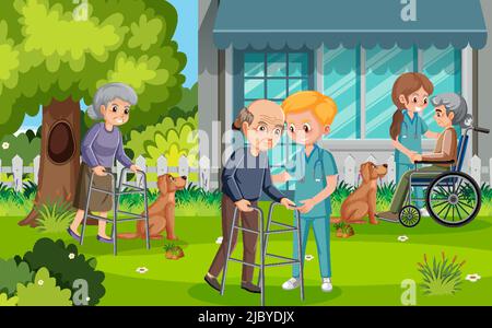 Outdoor park with elderly people and caregivers illustration Stock Vector