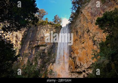 Looking up steep rocky cliff face at water flowing down Purling Brook Falls on Gold Coast Hinterland Stock Photo