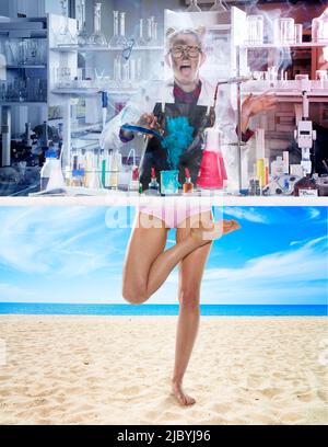 Split screen of angry scientist and yoga pose on beach Stock Photo