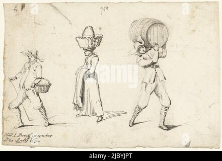 Two walking men and a woman carrying objects, Harmen ter Borch, 1650, Study sheet with three walking figures, a man with a basket on his arm, a woman with a basket on her head and a man carrying a barrel., draughtsman: Harmen ter Borch, (mentioned on object), Zwolle, 20-Apr-1650, paper, h 139 mm × w 208 mm Stock Photo