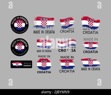 Set of stickers. Made in Croatia. Brush strokes shaped with Croatian flag. Factory, manufacturing and production country concept. Design element for l Stock Vector