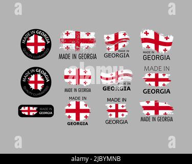 Set of stickers. Made in Georgia. Brush strokes shaped with Georgian flag. Factory, manufacturing and production country concept. Design element for l Stock Vector