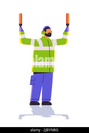 aviation marshaller supervisor signaling near aircraft air traffic controller airline worker in signal vest professional airport staff Stock Vector