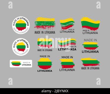 Set of stickers. Made in Lithuania. Brush strokes shaped with Lithuanian flag. Factory, manufacturing and production country concept. Design element f Stock Vector