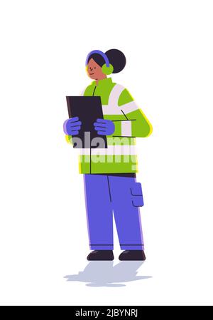 aviation marshaller supervisor in uniform near aircraft woman air traffic controller airline worker in signal vest Stock Vector