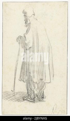 Standing Man with a Stick, Facing Left, Rembrandt van Rijn, c. 1629 - c. 1630, draughtsman: Rembrandt van Rijn, Leiden, c. 1629 - c. 1630, paper, brush, h 294 mm × w 170 mm Stock Photo