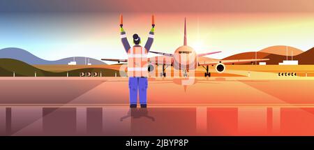 aviation marshaller supervisor in uniform navigate with light sticks air traffic controller airline worker in signal vest Stock Vector