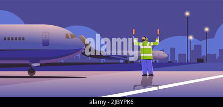 aviation marshaller supervisor near aircraft air traffic controller airline worker in signal vest professional airport staff Stock Vector