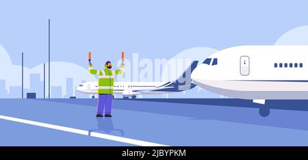 aviation marshaller supervisor near aircraft air traffic controller airline worker in signal vest professional airport staff Stock Vector