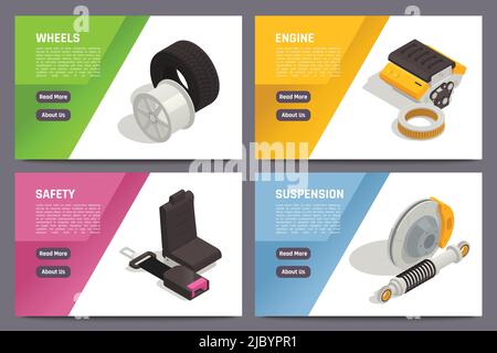 Auto parts car spares online 4 isometric horizontal web banners with safety accessories engine suspension vector illustration Stock Vector