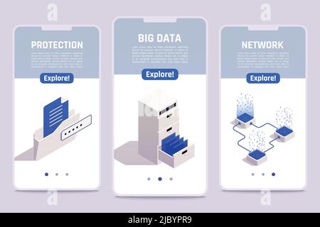 Big data storage privacy network access protection solutions 3 isometric mobile smartphones screens templates set vector illustration Stock Vector
