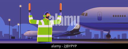 aviation marshaller supervisor near aircraft air traffic controller airline worker in signal vest professional airport staff Stock Vector