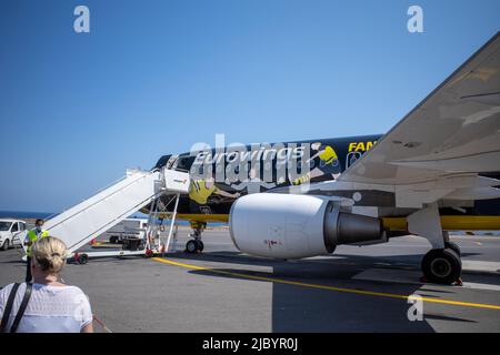 Eurowings has dedicated its own aircraft to soccer fans: the BVB Fanairbus - an Airbus A320 in a special black-and-yellow livery Stock Photo