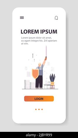 businessman holding sword and shield businessman office worker protection preparation precaution concept vertical Stock Vector