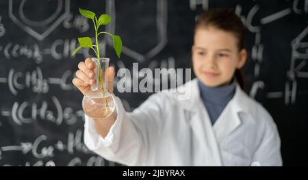 Female student scientist examine plant working in genetics laboratory study research, small girl analyze scientific experiments in lab, biotechnology Stock Photo