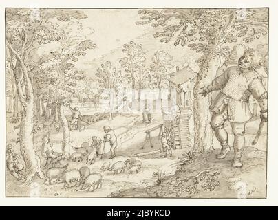 November, Joos de Momper (II), 1590 - 1610, The month of November. Man with stick to knock acorns out of tree, on left a herd of trusses and a swineherd. Design for a print., draughtsman: Joos de Momper (II), 1590 - 1610, paper, pen, brush Stock Photo