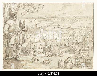 December, Joos de Momper (II), 1590 - 1610, The month of December. On the left a butcher with axe and knife, on the right a village scene where pigs are being slaughtered. Design for a print., draughtsman: Joos de Momper (II), 1590 - 1610, paper, pen, brush Stock Photo