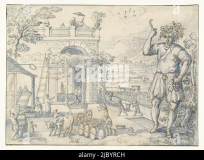 September, Joos de Momper (II), 1590 - 1610, The month of September. Young man with crown of grape leaves and pruning knife, left grape harvest, wine press and transport. Design for a print., draughtsman: Joos de Momper (II), 1590 - 1610, paper, pen, brush Stock Photo