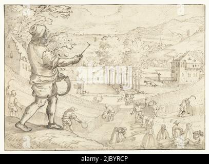 July, Joos de Momper (II), 1590 - 1610, The month of July. Man with sickle, on the right harvesting flax. Design for a print., draughtsman: Joos de Momper (II), 1590 - 1610, paper, pen, brush Stock Photo