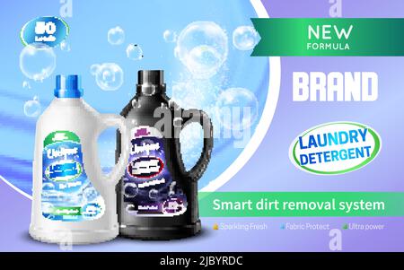 Laundry detergent realistic banner with smart dirt removal system headline brand name and green ribbon vector illustration Stock Vector