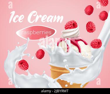 Delicious raspberry ice cream in whipped milk swirl close up summer dessert realistic advertising composition vector illustration Stock Vector