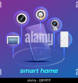 Smart home devices control and monitoring system using smartphone realistic composition violet blue gradient background vector illustration Stock Vector