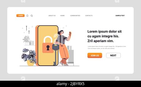 woman standing near locked smartphone with padlock mobile account privacy security concept Stock Vector