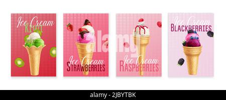 Raspberry kiwi strawberry blackberry sorbet ice-cream scoops in waffle cones 4 realistic advertising posters vector illustration Stock Vector