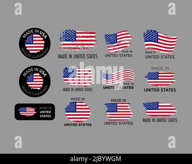 Set of stickers. Made in USA. Brush strokes shaped with american flag. Factory, manufacturing and production country concept. Design element for label Stock Vector