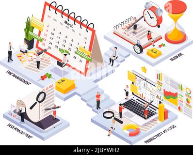 Isometric time management planning schedule icon set with deadline time and task management productivity analysis descriptions vector illustration Stock Vector