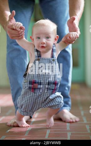 Baby walking with father's help Stock Photo