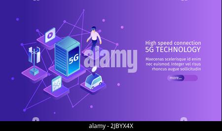 Isometric 5g internet horizontal banner with molecule shaped images of network elements with text and button vector illustration Stock Vector