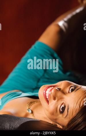 High angle view of African woman smiling Stock Photo