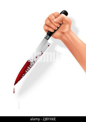 Hand holding bloody butchers knife for cutting meat stainless steel black handle closeup realistic image vector illustration Stock Vector