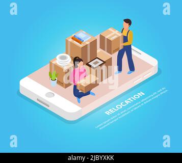 Relocation mobile service background with packing and transportation symbols isometric vector illustration Stock Vector